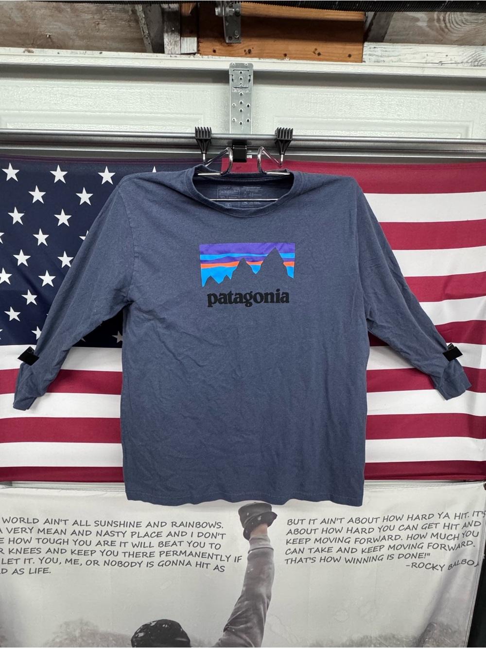 Patagonia Navy Long-Sleeve Tee with Blue and Purple Mountain Logo